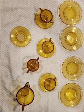 Child's VINTAGE  Topaz Glass Tea Set - Elegant Amber Cups and Saucers